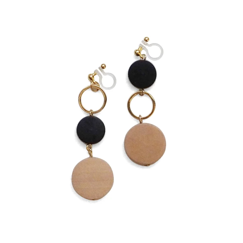 chic gold earrings for women -Beige and black wood invisible clip on earrings