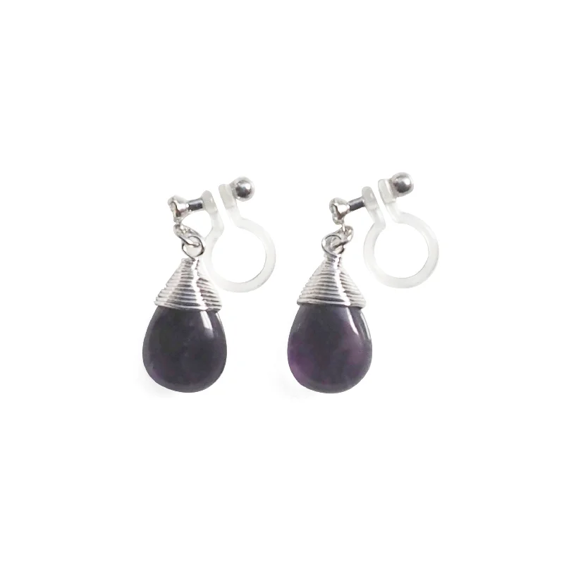 hoop earrings for women -Teardrop Amethyst Invisible Clip On Earrings