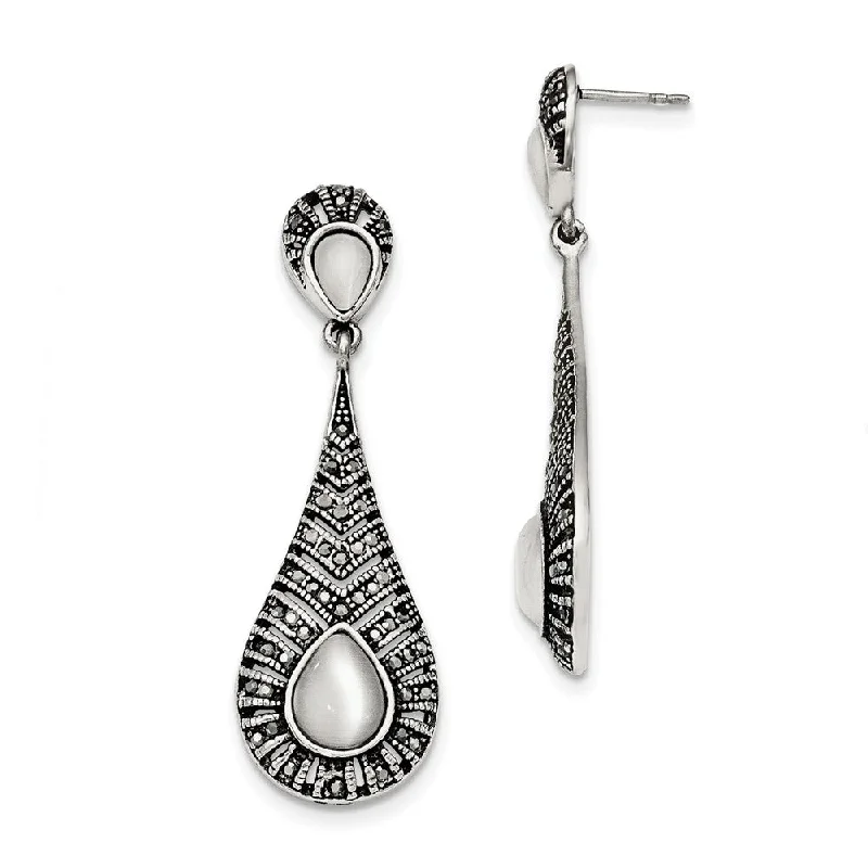 geometric earrings for women -Marcasite & Cat's Eye Teardrop Post Dangle Earrings in Stainless Steel