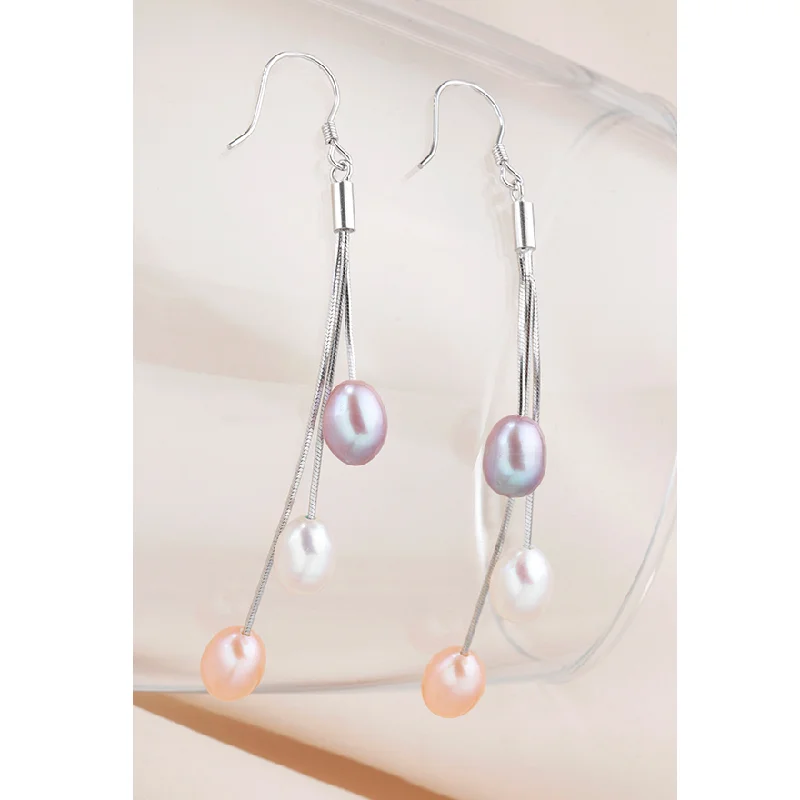 elegant pearl earrings for women -Tri-Color Freshwater Pearl Sterling Silver Tassel Earrings