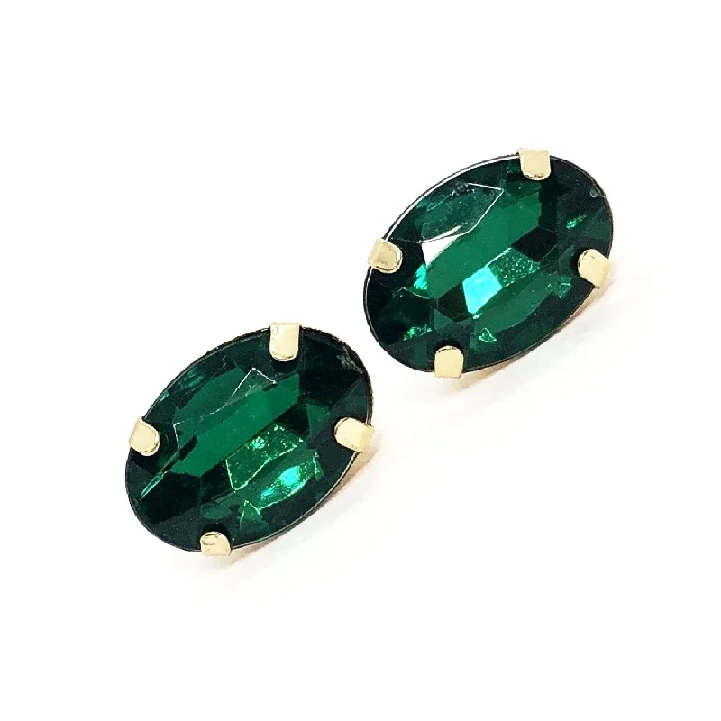 rose gold stud earrings for women -Green Oval Rhinestone Stud Earrings