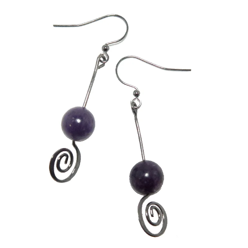 trendy drop earrings for women -Lepidolite Earrings Purple Vortex Crown Chakra Crystal Spiral