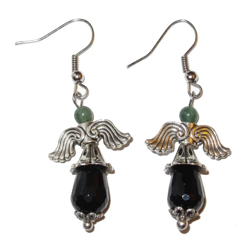 dangle earrings for women -Onyx Earrings Flying Black Angel Green Aventurine