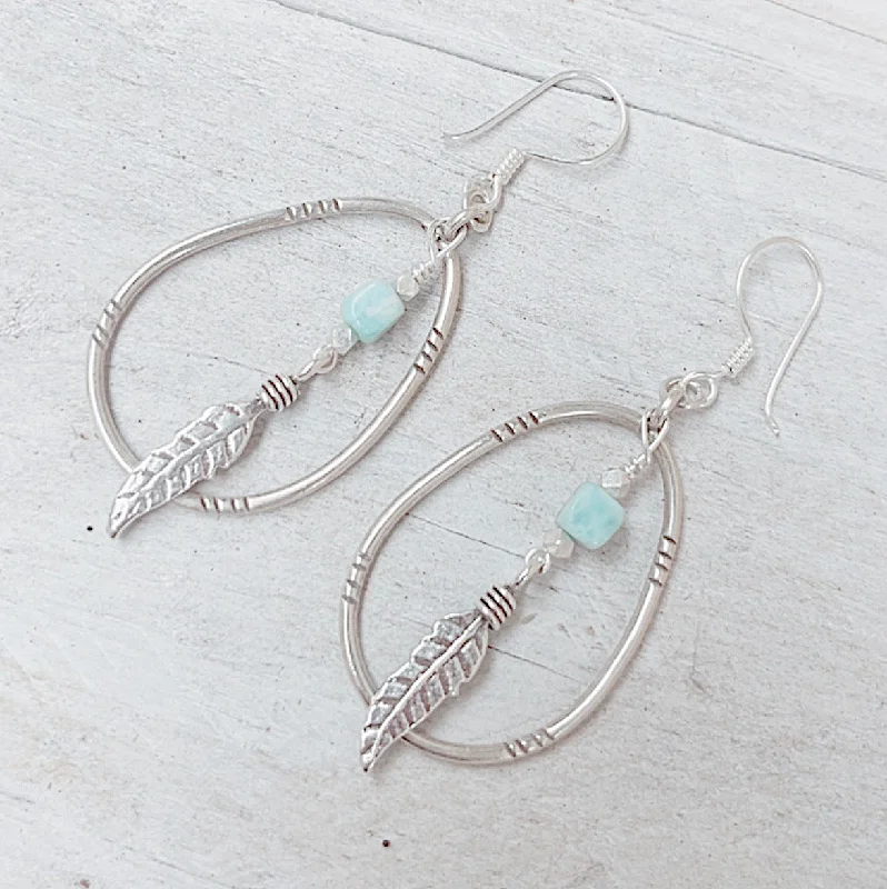 statement hoop earrings for women -LARIMAR PEACE FEATHER EARRINGS