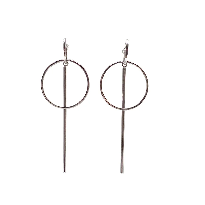 bold statement earrings for women -Double hoop with bar invisible clip on stud earrings ( Silver tone )