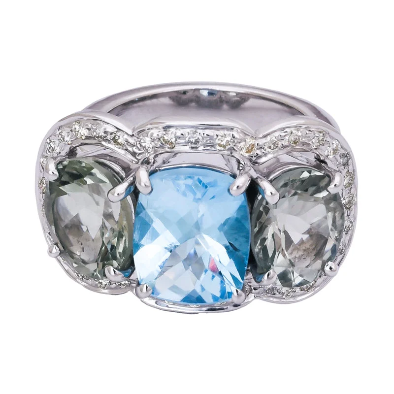 statement rings for women -Ring- Blue Topaz, Green Quartz and Diamond