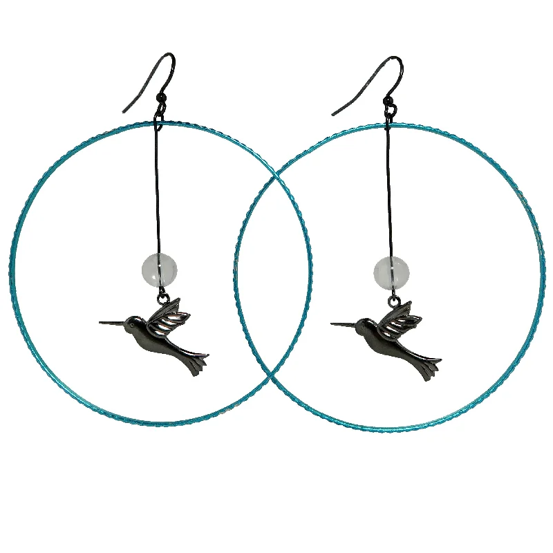 layered earrings for women -Clear Quartz Earrings Blue Hoop Hummingbirds