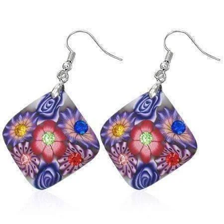 sterling silver drop earrings for women -Diamond Handcrafted Floral Cane Work Clay & CZ Earrings ~ Two Lively Colors to Choose From