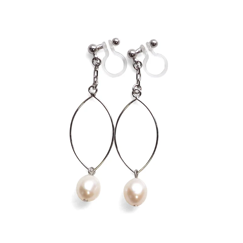 luxury silver earrings for women -White freshwater pearl with hoop invisible clip on earrings