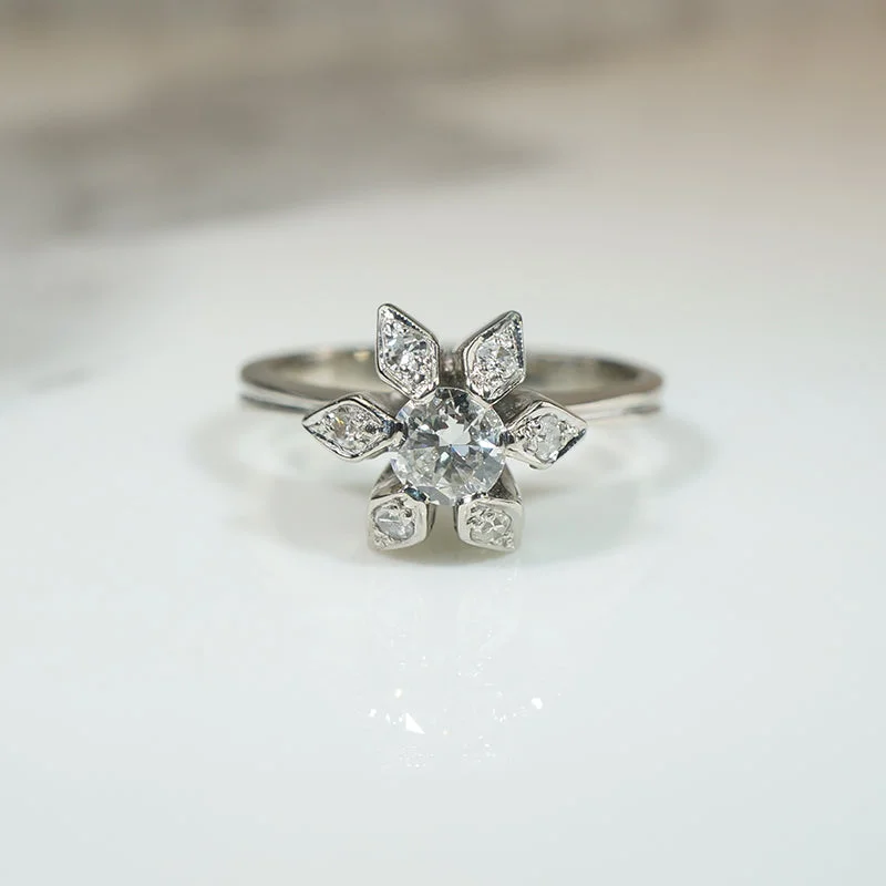 engagement rings for women -Mid-Century Diamond & 18k White Gold Flower Ring