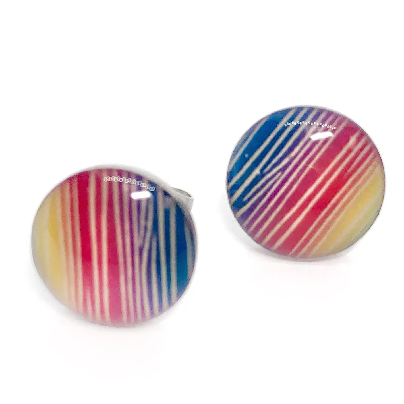 unique hoop earrings for women -Colorful Striped Enamel Button Stud Earrings