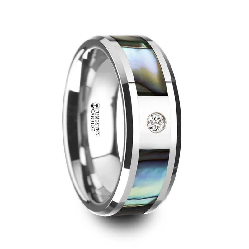 wedding necklaces for women -Thorsten HONOLULU Mother of Pearl Inlay Tungsten Carbide Ring with Beveled Edges and White Diamond - 8mm