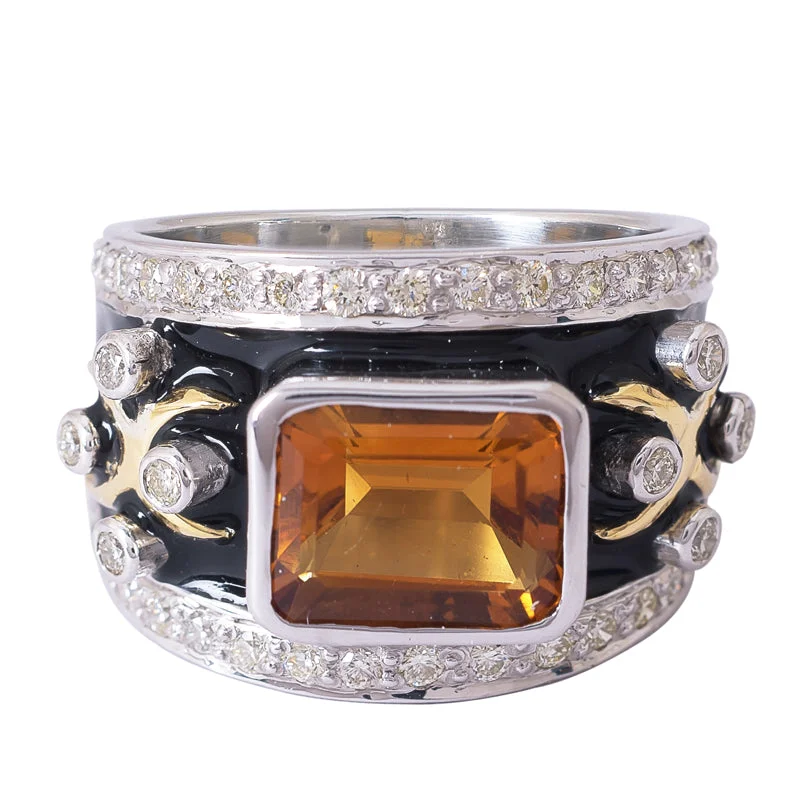 yellow gold rings for women -Ring- Citrine and Diamond (Enamel)