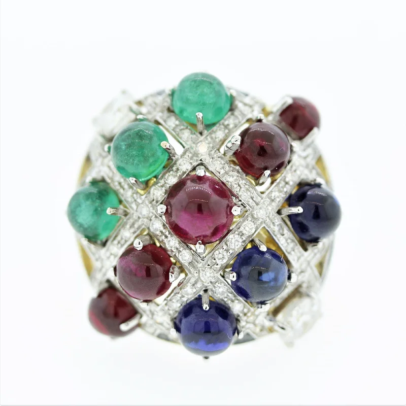 wedding sets for women -Tutti Frutti Ruby Emerald Sapphire Diamond Gold Cocktail Ring