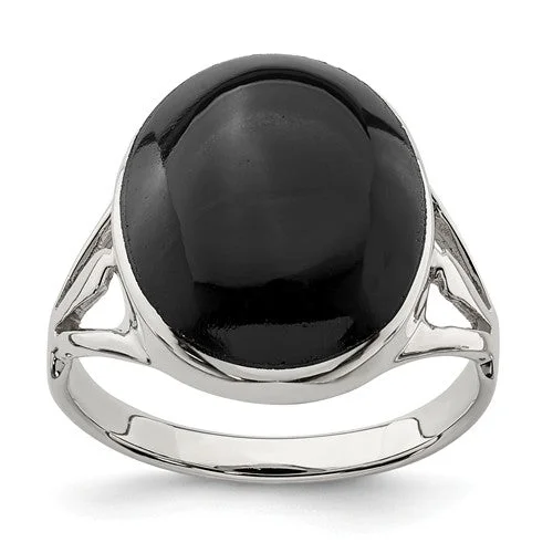 high-end necklaces for women -Sterling Silver Black Onyx 13.50 x 16.50 mm Oval Cut Ring