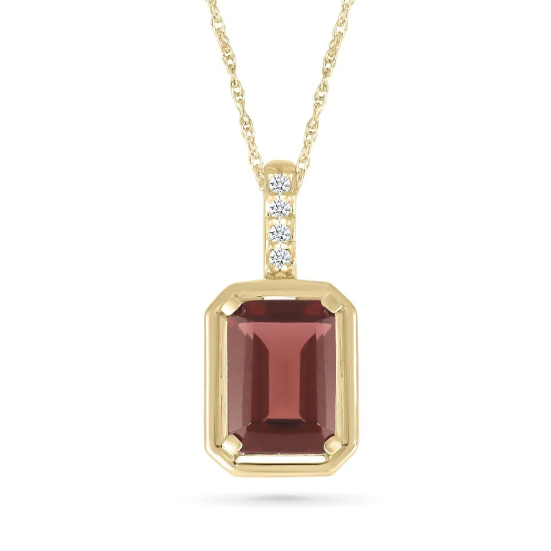 personalized crystal necklaces for women -Bezel Set Emerald Cut Garnet Pendant with White Sapphire Bail