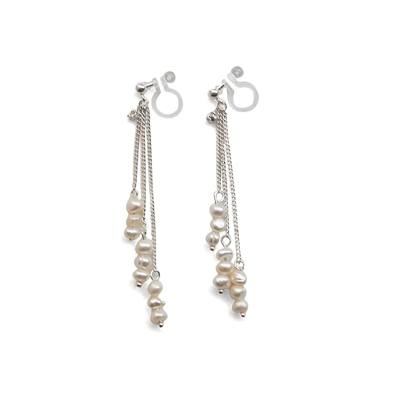 trendy crystal earrings for women -Dangle Beaded White Freshwater Pearl Invisible Clip On Earrings (Silver tone)