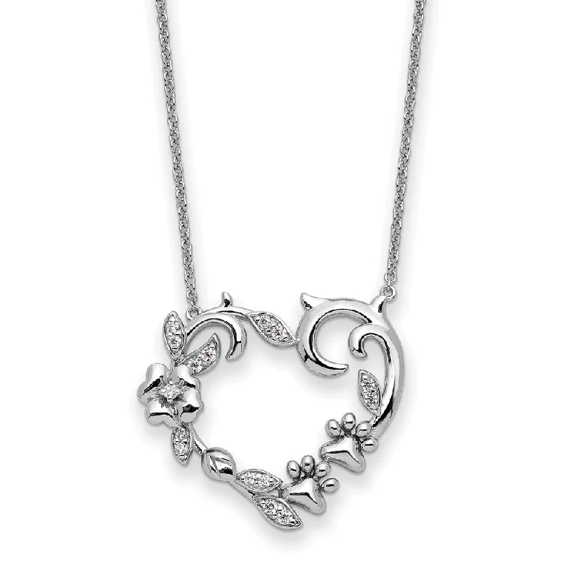 rhinestone necklaces for women -Sterling Silver CZ My Special Pet Heart with Flowers and Paw Prints 18" Necklace