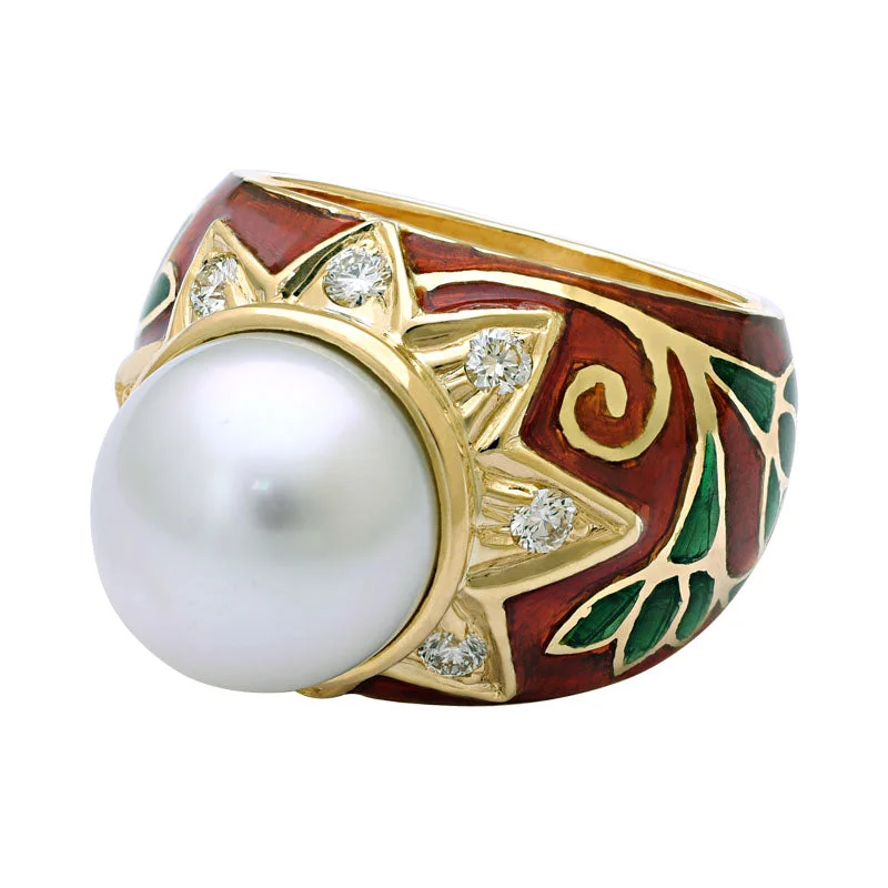 custom gemstone rings -Ring-South Sea Pearl and Diamond (Enamel)