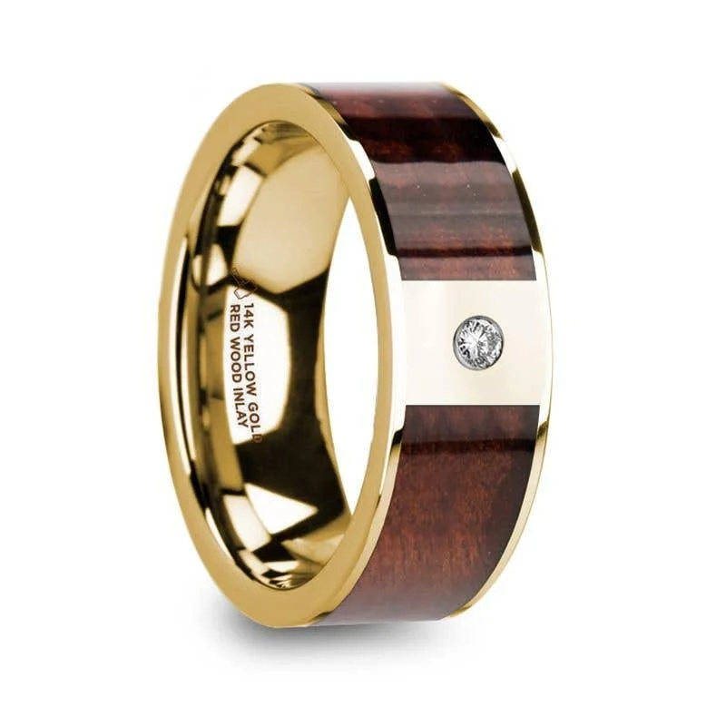 luxury necklaces for women -Thorsten PHOCAS 14k Yellow Gold Men’s Polished Wedding Band with Red Wood Inlay & Diamond - 8mm