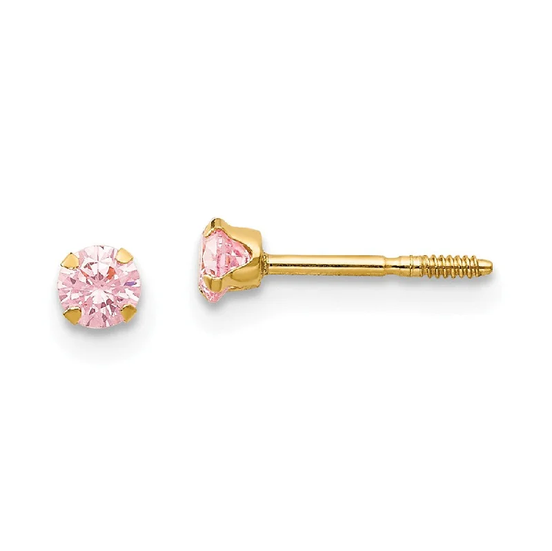 stud earrings for women -Kids 3mm Pink Cubic Zirconia Stud Screw Back Earrings in 14k Gold