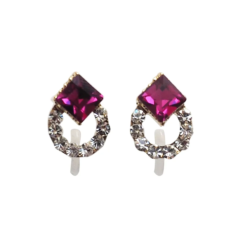 trendy crystal earrings for women -Fuchsia Pink Swarovski Hoop Rhinestone Invisible Clip On Stud Earrings