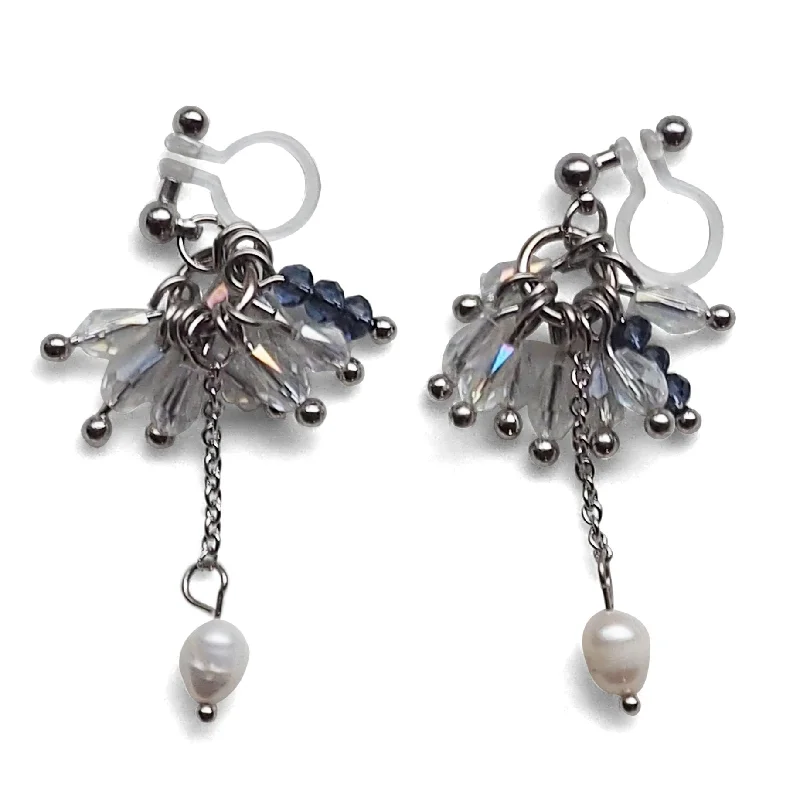 bohemian earrings for women -Clear beads and freshwater pearl invisible clip on earrings