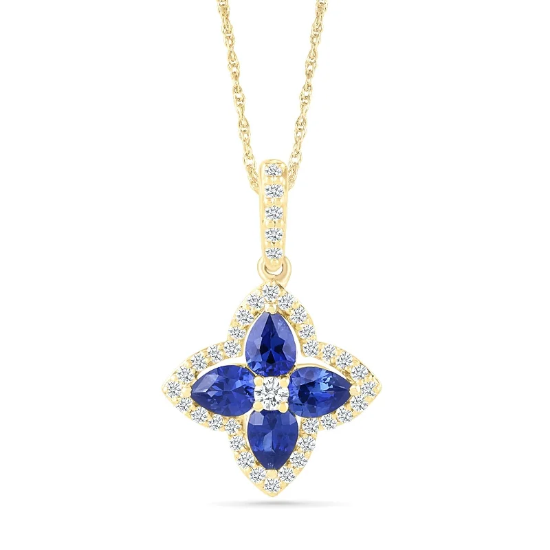 long chain necklaces for women -Blue Sapphire Clover Pendant with White Sapphire Halo