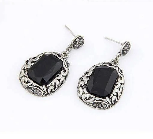 cute dangle earrings for women -Antiqued Milgrain Silver and Black Faceted Crystal Drop Earrings