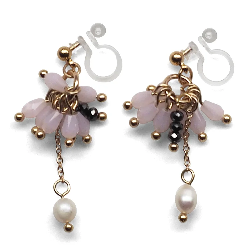 statement crystal earrings for women -Pink beads and freshwater pearl invisible clip on earrings