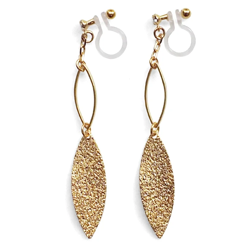 long drop earrings for women -Gold textured metallic leaf invisible clip on earrings