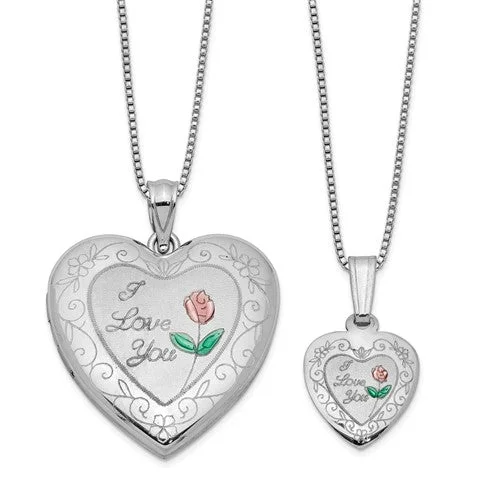 gold necklaces for women -Sterling Silver 'I Love You' Rose Heart Mother & Daughter Locket Set