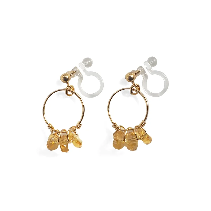 elegant earrings for women -Yellow Citrine Gold Hoop Invisible Clip On Earrings