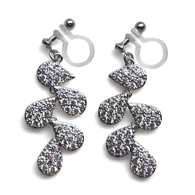 bridal earrings for women -Bridal leaf cubic zirconia invisible clip on earrings  ( Silver tone )