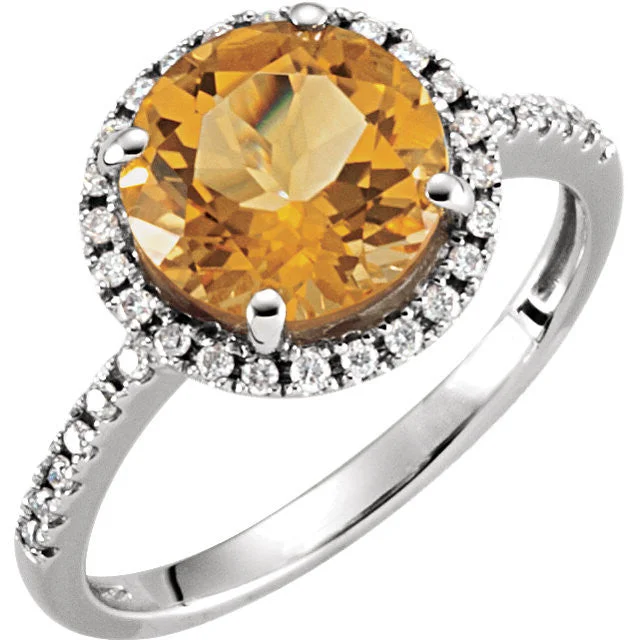 sterling silver necklaces for women -14K White Gold 9mm Round Genuine Citrine & 1/6 CTW Diamond Halo Ring