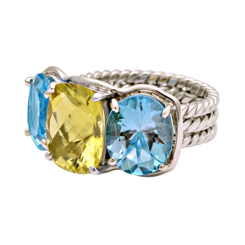 platinum rings for women -Ring-Lemon Quartz and Blue Topaz