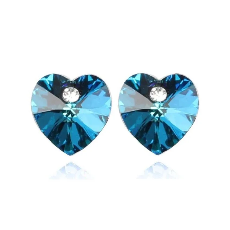 sterling silver earrings for women -Aquamarine Austrian Crystal Heart Stud Earrings For Woman