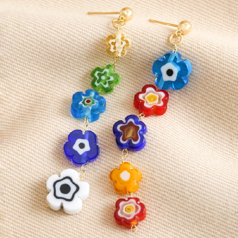 gold earrings for women -Asymmetrical Millefiori Flower Bead Drop Earrings