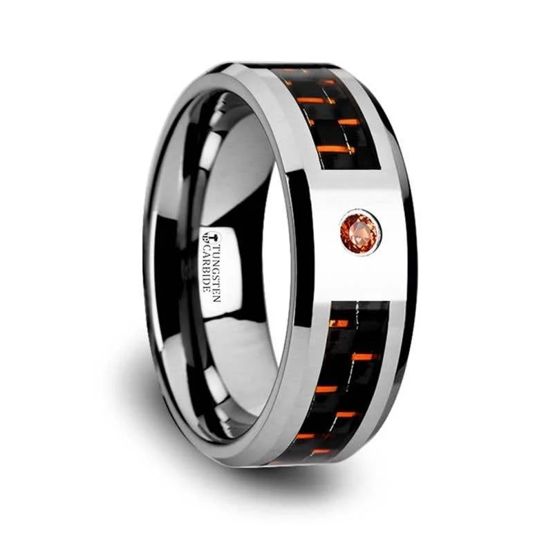 simple chain necklaces for women -Thorsten NOAH Tungsten Ring Black Orange Carbon Fiber Padparadscha Sapphire Setting - 8mm