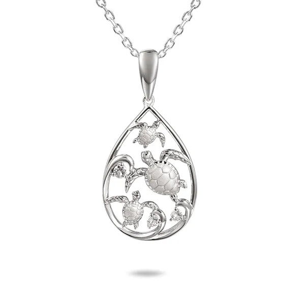 bridal necklaces for women -Sterling Silver Honu 3 Sea Turtle Water of Life Teardrop Pendant