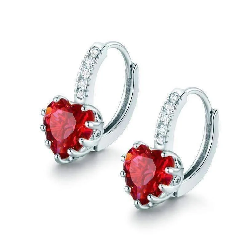 sparkling earrings for women -Heart Shaped Cabernet Red Diamond CZ Solitaire Hoop Earrings For Woman