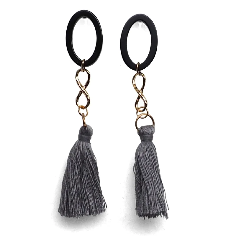 oversized hoop earrings for women -Black hoop with gray tassel invisible clip on earrings