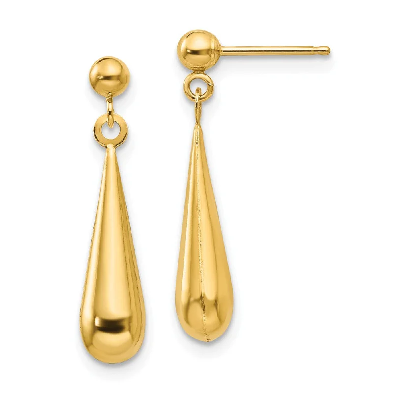 wedding drop earrings for women -3-D Teardrop Dangle Post Earrings in 14k Yellow Gold, 5 x 22mm