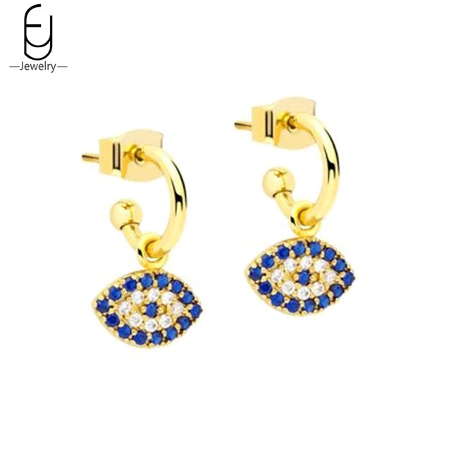 chic gold earrings for women -Blue Devil's Eye Pendant Gold Hoop Earrings