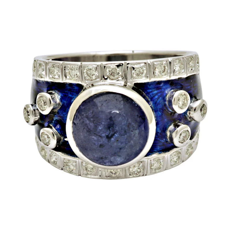 vintage rings for women -Ring-Tanzanite and Diamond (Enamel)