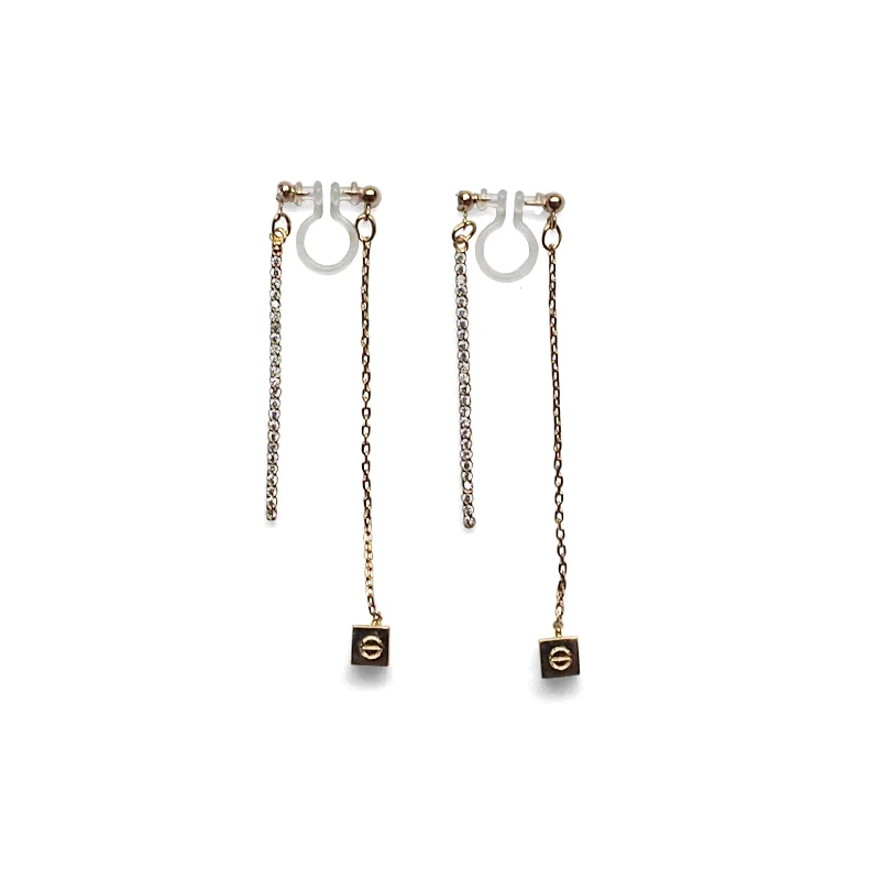 trendy earrings for women -Double sided rhinestone & cube invisible clip on earrings ( Gold tone )