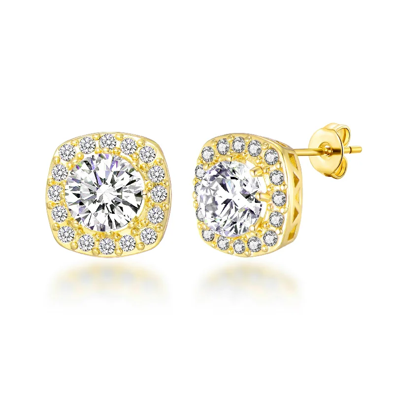 sparkling earrings for women -Gold Plated Square Halo Earrings Created with Zircondia® Crystals