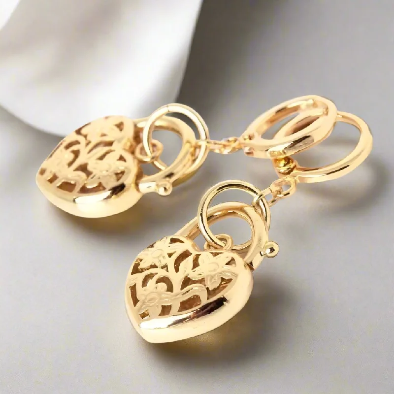 silver dangle earrings for women -Floral Etched Heart Padlock Charm Gold Plated Earrings for Women Perfect Gift for Special Occasions