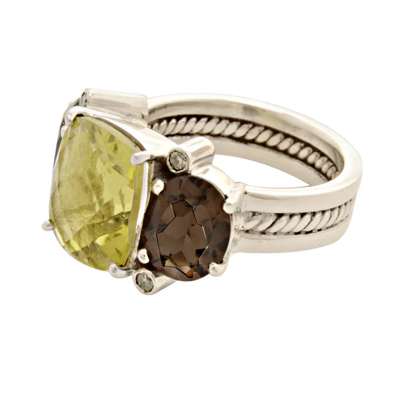 unique wedding rings for women -Ring-Lemon Quartz, Smokey Quartz and Diamond