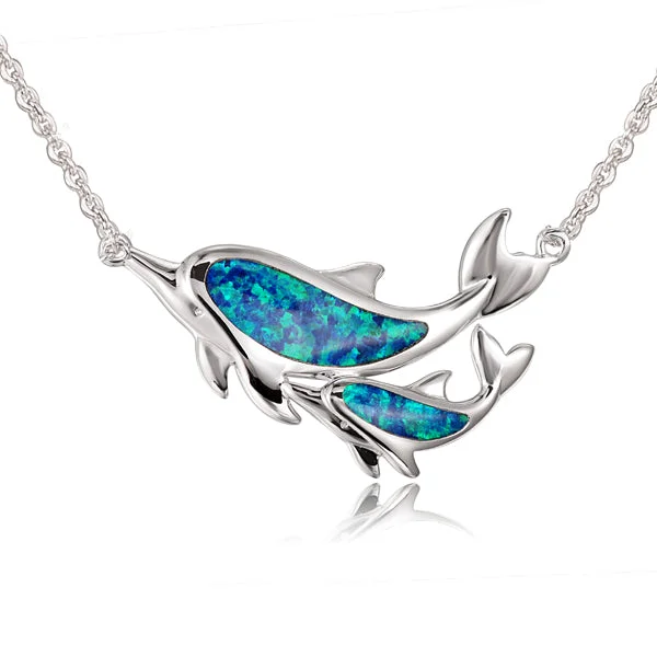 classic diamond necklaces for women -Sterling Silver Alamea Hawaii Blue Opal Dolphin and Baby Calf Necklace